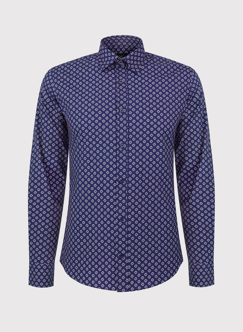 Tamsiai mėlyni vyriški marškiniai gėlytėmis