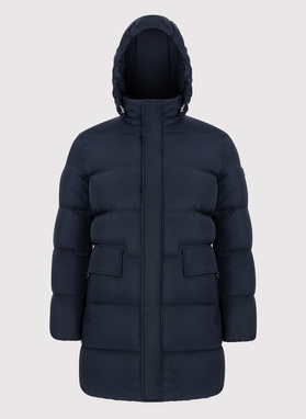 Tamsiai mėlyna ilga dygsniuota striukė