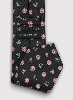 Juodas vyriškas kaklaraištis gėlėtu raštu